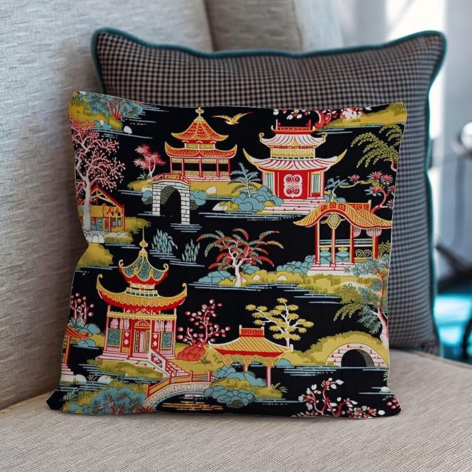Chinoiserie Charcoal Coral Pagoda Asian Pillowcase Chinoiserie Chic Asian Throw Pillow Covers 16x16 INRetro Accent Throw Pillow Covers Farmhouse Decorative for Sofa Patio Couch