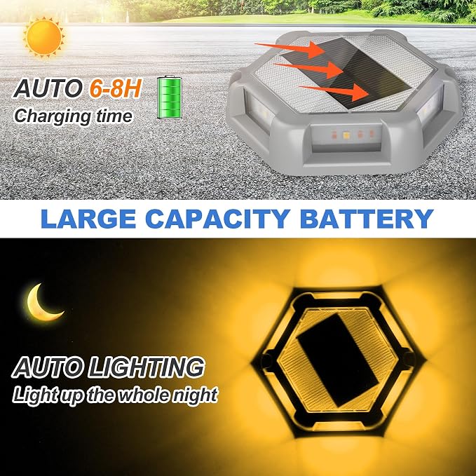 Solar Dock Lights Outdoor, 8 Packs Warm White Solar Deck Lights with 6 LEDs, IP65 Waterproof Solar Driveway Lights, Auto On/Off Deck Lights for Driveway, Pathway, Patio, Garden, Steps