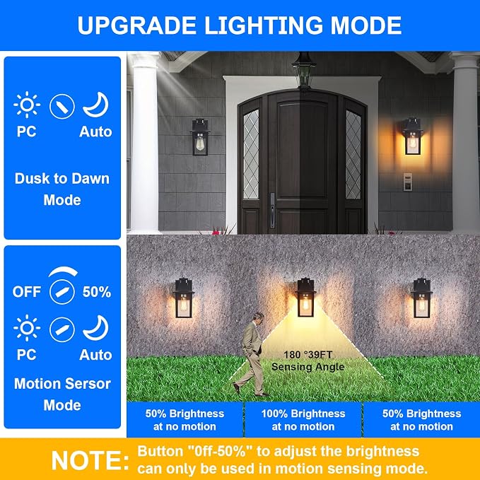 Porch Lights with GFCI Outlet,Dusk to Dawn Motion Sensor Outdoor Lights | 3 Light Modes Front Door Exterior Light Fixture Waterproof Outside Wall Light for House,Patio,Garage,Black,Bulb not Included
