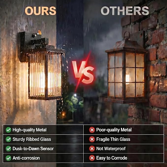 Black Dusk to Dawn Wall Mount Porch Lights, Exterior Light Fixtures | Auto On and Off, Anti-Rust Metal Frame, Tempered Glass, E26 Socket, Easy DIY Install on Porch, Garage