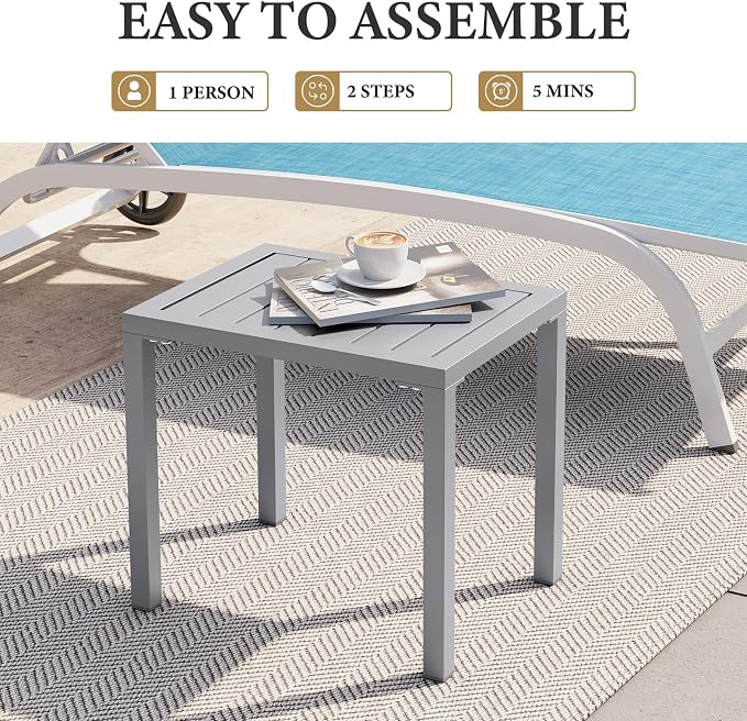Crestlive Products Aluminum Outdoor Side Table,Rectangular End Table,Easy Assembly Small Coffee Bistro Table for Patio Pool Balcony(Light Gray)