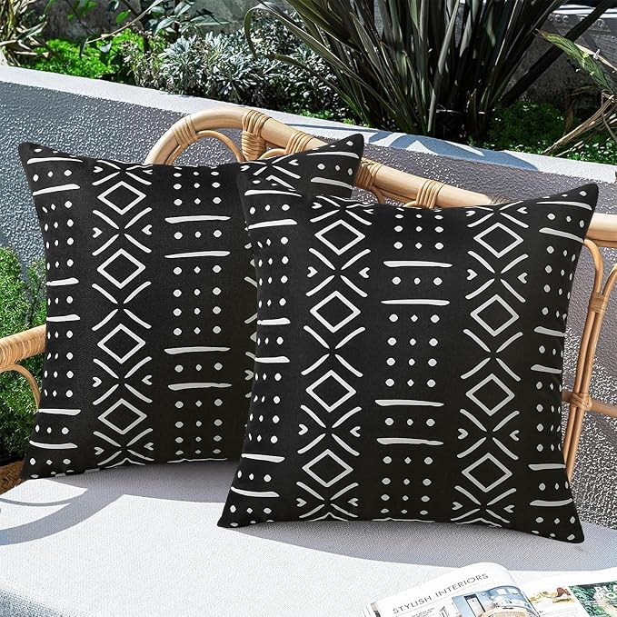Merrycolor Black Outdoor Waterproof Decorative Throw Pillow Covers Set of 2 Bohemian Geometric Pattern Cushion Covers Perfect for Farmhouse Patios and Gardens Black