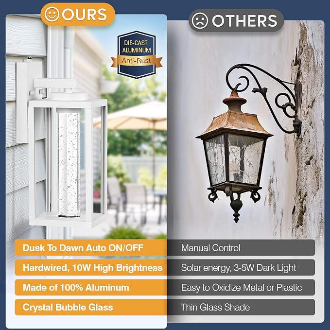 VIANIS White Outdoor Wall Lights, Large Exterior House Lighting Fixtures Wall Mount, Modern Dusk to Dawn Outdoor Wall Sconce Lanterns for Front Porch with Integrated 10W LED Light Source, Anti-Rust