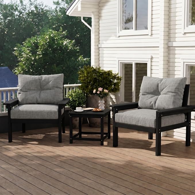 3 Piece HDPE Outdoor Patio Furniture Set, All-Weather 2 Armchairs with Side Table, Patio Conversation Set with Grey Washable Thick Cushion for Balcony,Porch(Black Frame)