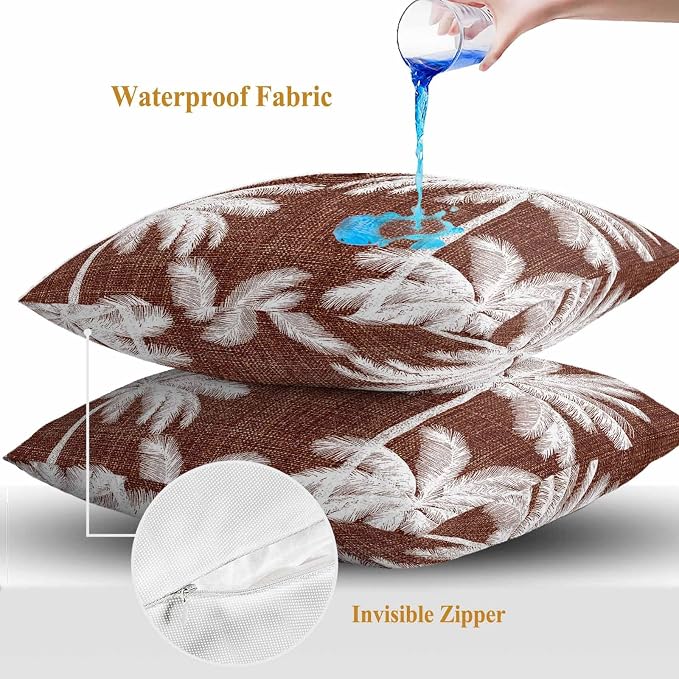 Outdoor Pillow Covers 26x26 Inch Set of 2, Brown Palm Trees Waterproof Throw Pillow Covers, Farmhouse Tropical Summer Beach Decorative Cushion Pillowcases for Couch, Sofa, Bed, Garden, Patio