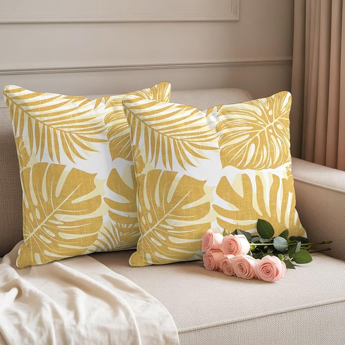 Yellow Palm Leaves Outdoor Pillow Covers 16"x16" Set of 2, Tropical Botanical Minimalist Modern Waterproof Throw Pillow Covers for Patio Furniture, Decorative Cushion Covers for Porch