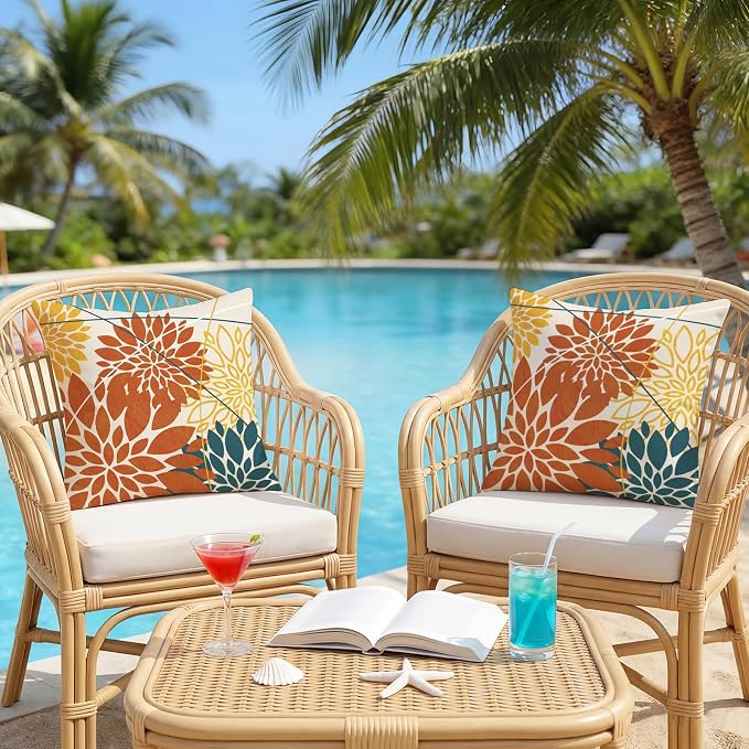 OTOSTAR Outdoor Orange Yellow Pillow Covers 18x18 Inch Set of 2 Blue Flower Throw Pillows Farmhouse Geometric Dahlia Floral Square Cushion Case Waterproof Decor for Sofa Patio Funiture Garden