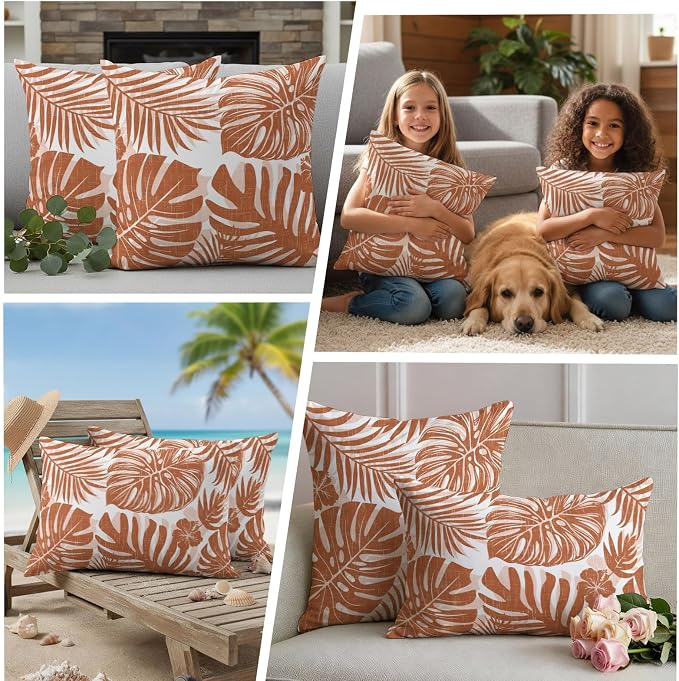 Burnt Orange Palm Leaves Outdoor Pillow Covers 20"x12" Set of 2, Tropical Botanical Minimalist Modern Waterproof Throw Pillow Covers for Patio Furniture, Decorative Cushion Covers for Porch