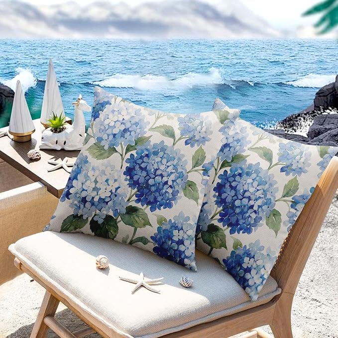 Throw Pillow Covers, Hydrangea Floral Blue, 18 x 18 Inch, Set of 2 | Flower Botanical Outdoor Waterproof Square Cushion Case Pillowcase Farmhouse Garden Decorative Pillows for Couch Beach Patio