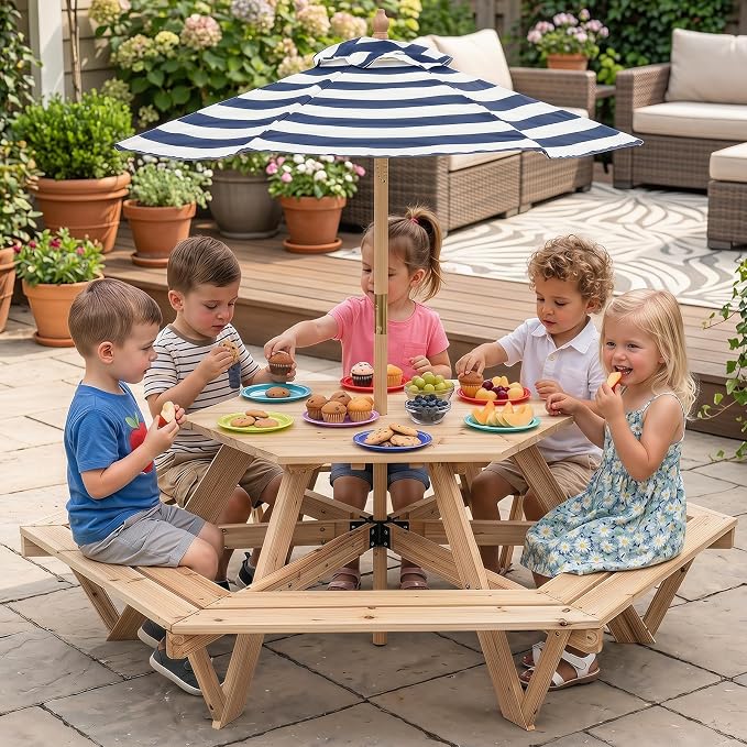 HONEY JOY Kids Picnic Table, Hexagonal Toddler Outdoor Table and Chair Set, 6 Built-in Benches, Removable Umbrella, Fir Wood Children Backyard Furniture for Patio Garden Deck Poolside, Natural