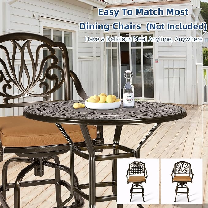 Outdoor Cast Aluminum Bar Table, 38.5" Patio Bar Height Table with 2" Umbrella Hole, All Weather High Top Bistro Round Dining Table for Outside Deck Porch Balcony Poolside, Dark Bronze