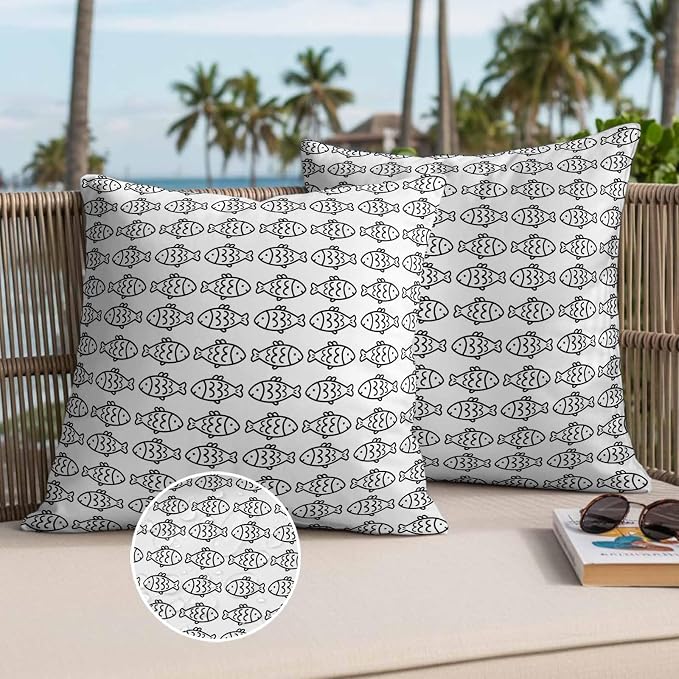 Summer Funny Animals Outdoor Waterproof Throw Pillow Covers Set of 2, 16"x16", Abstract Oceans Black Line Fish Texture Decorative Pillow Covers Outside Cushion Case for Patio Porch Garden
