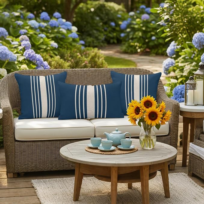 Navy Blue Beige Striped Outdoor Pillow Covers 16x16 Inch Throw Pillow Covers Set of 2 Waterproof Decorative Pillow Cases Modern Farmhouse Retro Lines Cushion Covers for Patio Furniture Garden Couch