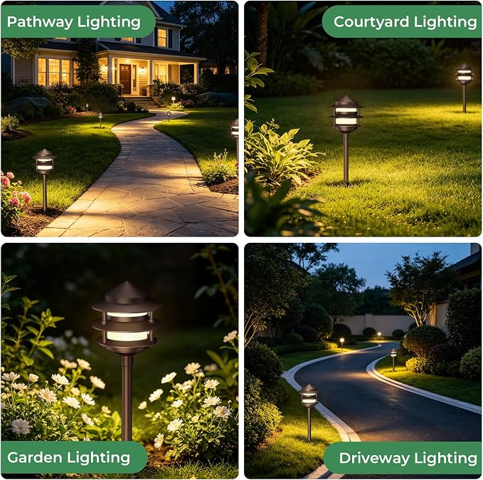 Pagoda Low Voltage Landscape Pathway Lights, 12V Outdoor LED Path Lights Wired, Aluminum Walkway Lighting with 4W 2700K Replaceable G4 Bulb, Bronze Classic 3-Tier Lantern, 6 Pack