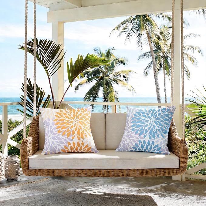 Outdoor Pillow Covers Waterproof Cushion Covers Patio Pillows Case 2 Pack | 18x18inch,Printed Boho Flowers,Seamless,Hidden Zipper,Machine Washable,Perfect decoration for Porch,Patio,Balcony
