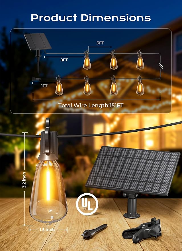 Brightown 151FT Solar String Lights Outdoor, 48+2 Shatterproof LED Lights | Waterproof, Remote Control, Dimmable, Timer, 3 Light Modes for Yard, Camping, Parties and Outdoor Decor