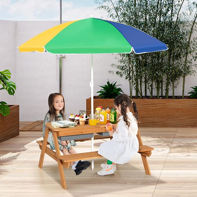 HONEY JOY Kids Picnic Table, 4 in 1 Cedar Wooden Sand & Water Table w/ 2 Removable Box & Umbrella, Kids Picnic Tables for Outdoors Backyard Garden, Toddler Patio Furniture Set for Boys Girls(Colorful)
