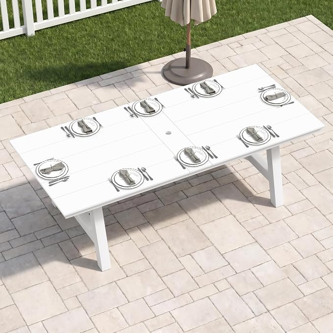 Costaelm Rectangle Patio Table, 8-Person Backyard Table 90" HDPE Dining Table with Umbrella Hole and Metal Frame for Outside, Garden, Poolside, Deck, Porch, Balcony, White