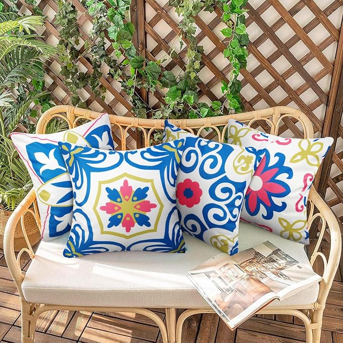 Pyonic Outdoor Pillows Waterproof Throw Pillow Covers Set of 4 Floral Printed and Boho Farmhouse Outdoor Pillow Covers for Patio Funiture Garden 18x18 Inch