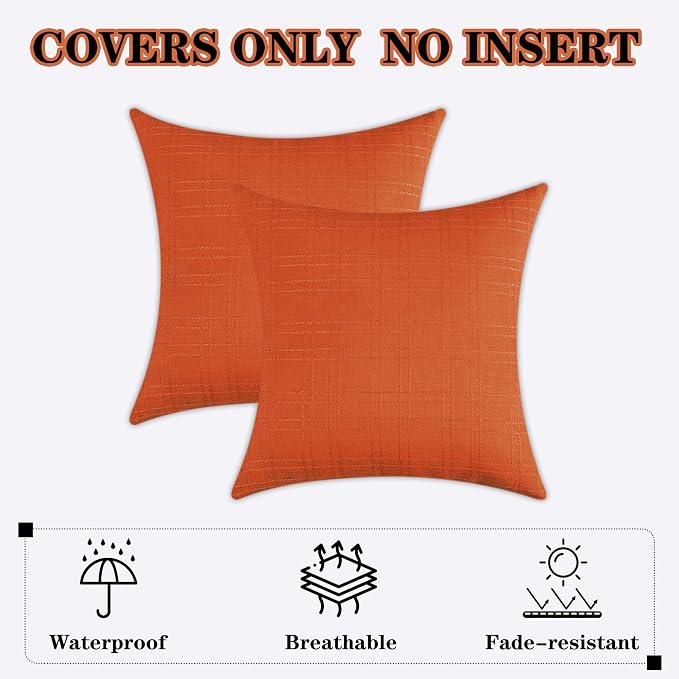 Kevin Textile Outdoor Waterproof 22”x22” Pillow Covers 2 Pack, Orange | Water Resistant, Soft Faux Linen-cotton Yarn-dyed Woven Texture Throw Pillow Covers for Tent Patio Garden Couch Sofa