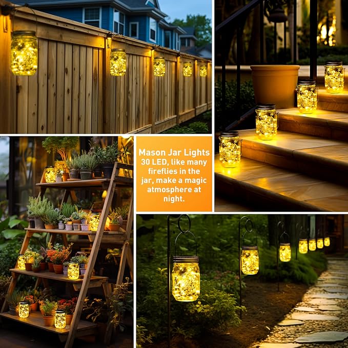 GIGALUMI Solar Mason Jar Lights, 8 Pack 30 Led String Fairy Lights | Garden Lights Outdoor Waterproof Metal Lid Hanging Solar Lanterns for Outdoor, Garden, Patio, Lawn, Balcony Decoration