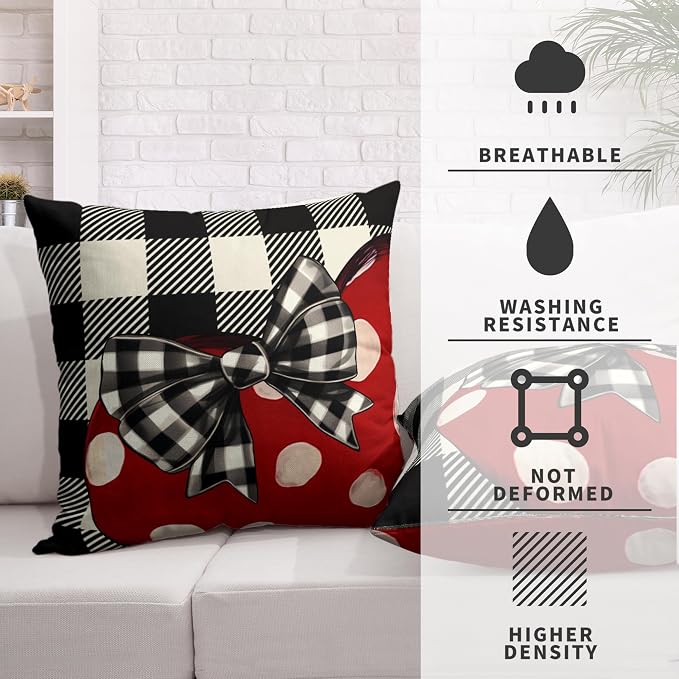 Valentines Day Throw Pillow Covers 24x24 Buffallo Plaid Valentines Pillow Covers Polka Dot Red Love Heart with Bow Decoarative Pillow Case for Living Room Couch Sofa