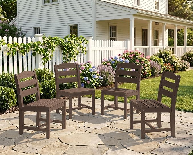 KINGYES Outdoor Armless Dining Chairs Set of 4,All-Weather HDPE Patio Chairs for Backyard,Pooside,Brown