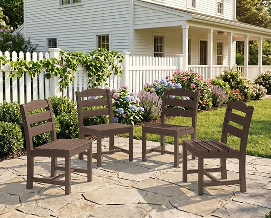 KINGYES Outdoor Armless Dining Chairs Set of 4,All-Weather HDPE Patio Chairs for Backyard,Pooside,Brown