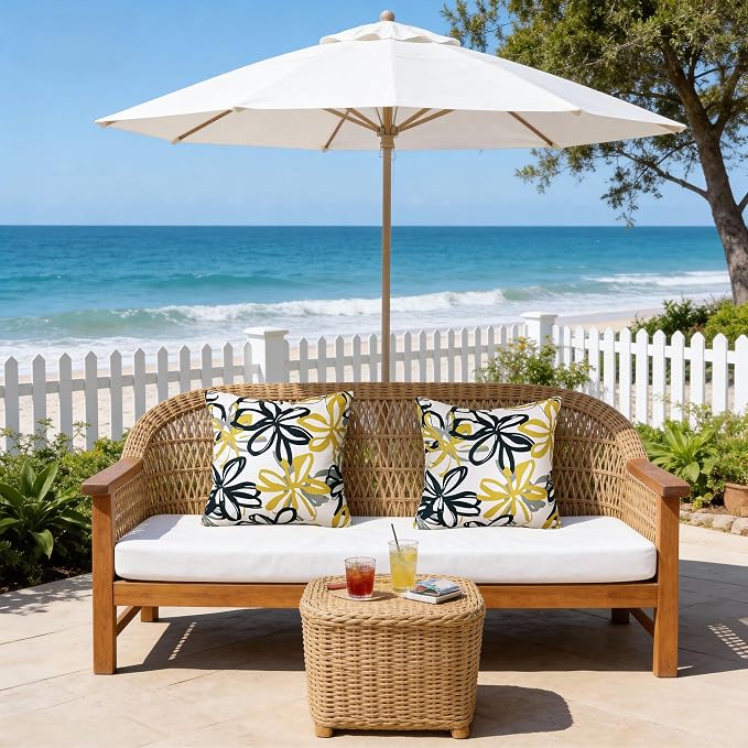 Floral Waterproof Outdoor Throw Pillow Covers 18x18 Inch Set of 2 | Blue and Yellow Floral Pillow Cover, Summer Outdoor Decor Cushion Cases for Garden Patio Balcony Funiture Porch Couch Sofa