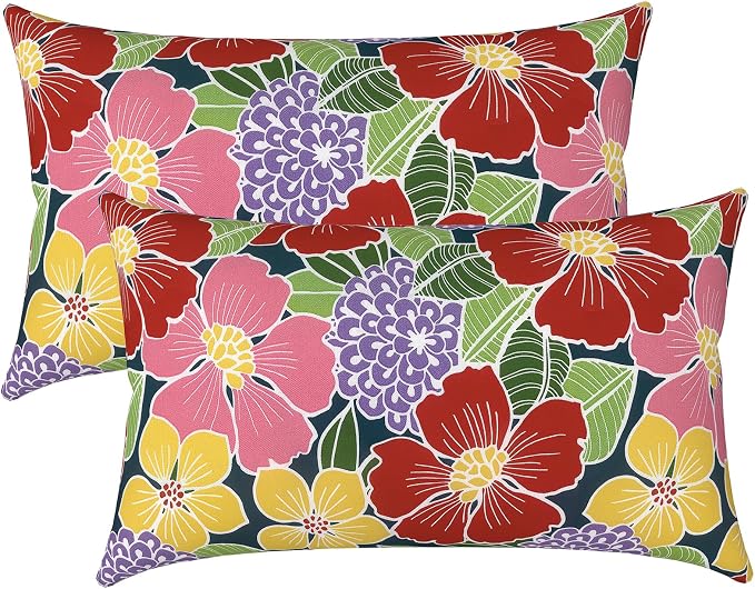 LVTXIII Outdoor Lumbar Pillow Covers, Patio Decorative Lumbar Pillow Cases ONLY, Fluffy Fade-Resistant Lumbar Cushion Cases for Home Balcony and Garden, 12x20 Inch, Pack of 2, Flower Bloom