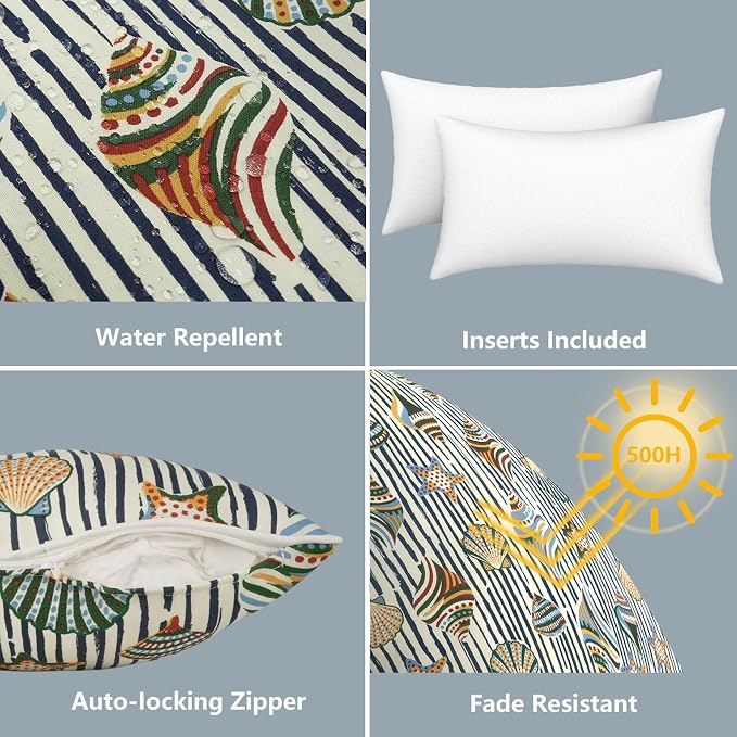 LVTXIII 2 Pack Outdoor Lumbar Pillows 12x20 Inch with White Piping, Fade Resistant Support Throw Pillows with Inserts for Patio Furniture, Sofa, Chair, Cabana Shells