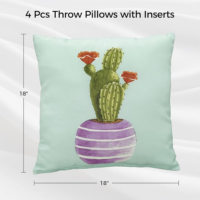 Volans 18" x 18" Outdoor Throw Pillows with Inserts, Water Resistant Decorative Lumbar Pillows for Backyard, Bed, Couch, and Patio Furniture, 4 Pcs, Cactus