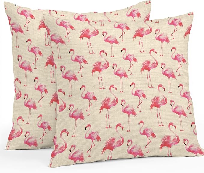 Pink Flamingo Outdoor Pillow Covers 18x18 Inch Throw Pillow Covers Set of 2 Waterproof Decorative Pillow Cases Summer Animals Rustic Cushion Covers for Patio Furniture Garden Couch Sofa