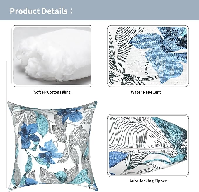 Outdoor Pillows for Patio Furniture 18x18 inch, Square Outdoor Throw Pillows with Inserts, Decorative Toss Pillows for Garden Couch Home Sofa Office Chair, Pack of 2, Clemens Noir Blue