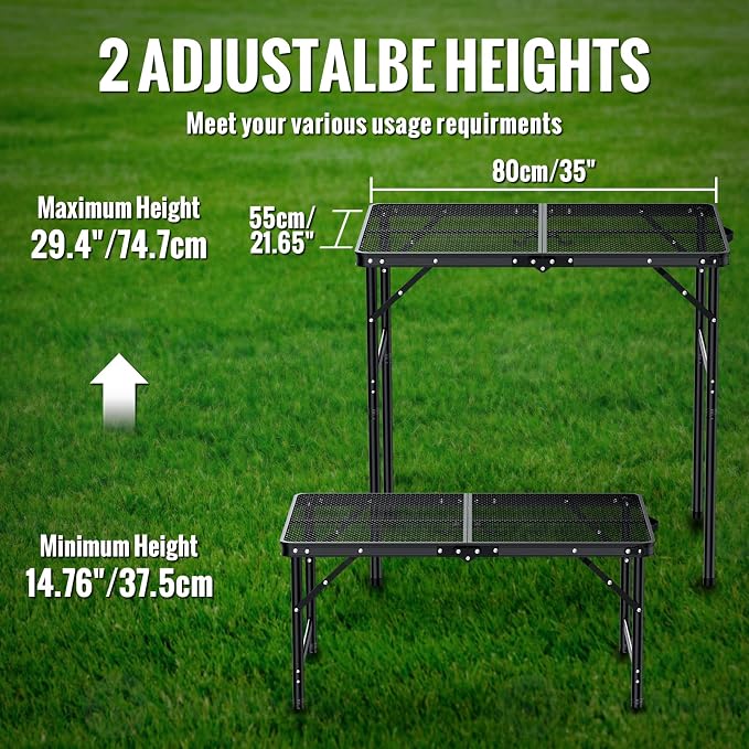 GARLLEN Folding Grill Table, 2-Height Adjustable Folding Camping Table with Heat-Resistant Wider Tabletop, Portable Aluminum Outdoor Tables for BBQ, Camping, Picnic, 35" L x 21.65" W, Black