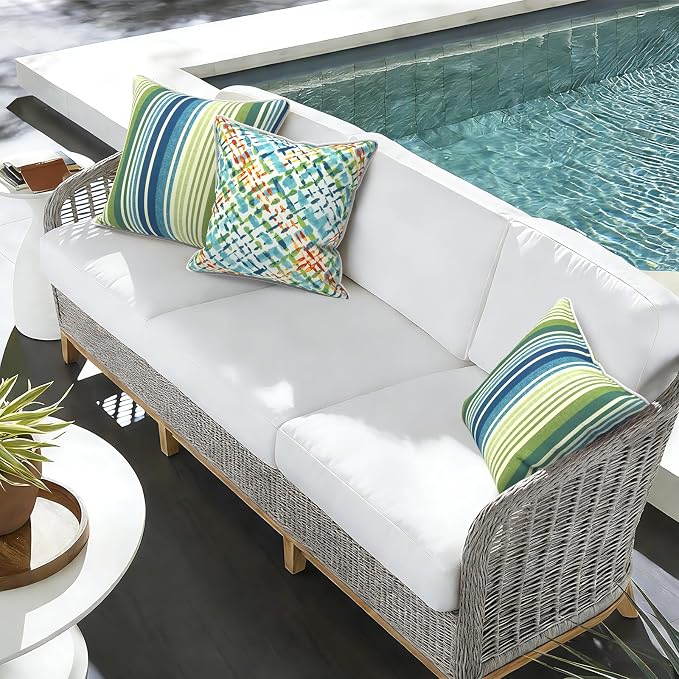 Outdoor Throw Pillow Covers Pack of 2, Decorative Water Repellent Square Pillow Cases with Piping 18x18 Inch, Stripe Blue Green