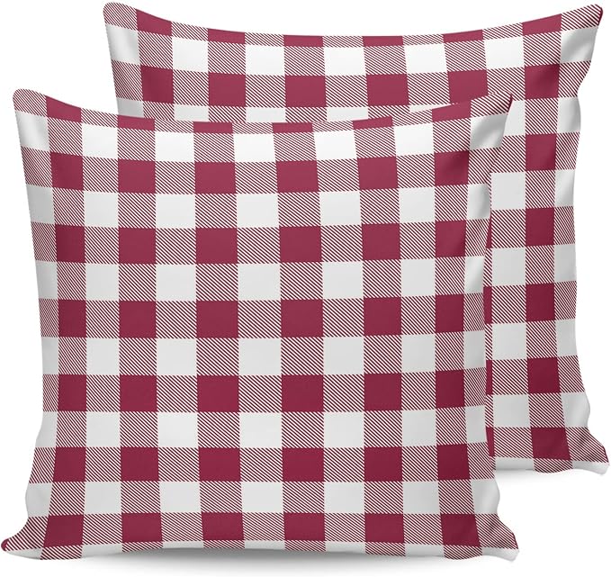 Outdoor Waterproof Throw Pillow Covers Set of 2 Wine Red Buffalo Check Plaid Pillowcases 20x20 Inches Farmhouse Style Patio Decorative Pillows Cushion Case Patio Pillows for Couch Bed Chair Garden