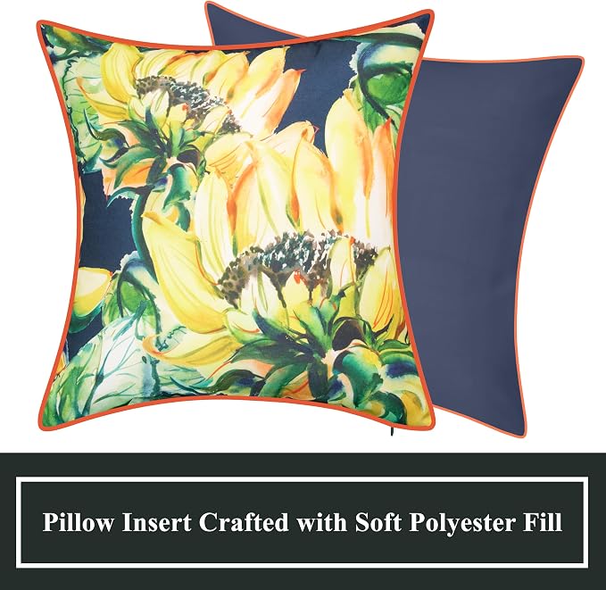 Edie At Home Watercolor Sunflower Square Decorative Throw Pillow for Patio Furniture, Sofa, Chair, or Bedroom, Reversible, Indoor and Outdoor Collection, 26 x 26 inches, Navy