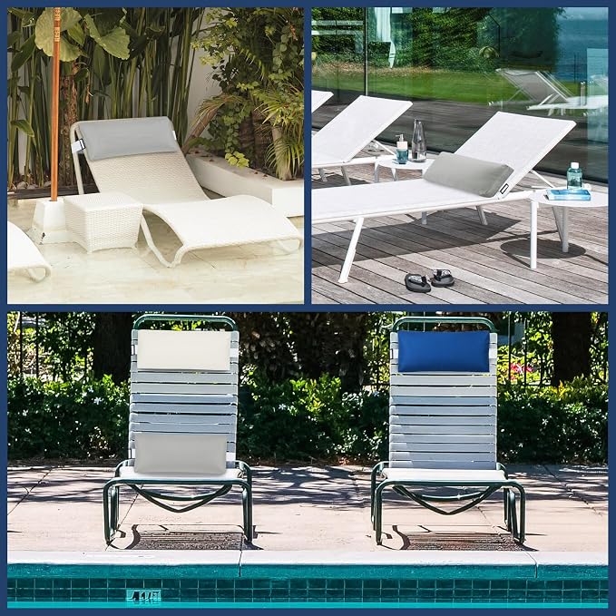 Large Headrest Pillow for Pool Chaise Lounge, 2 Pcs Gray Pool Lounge Pillows Outdoor with Elastic Band for Recliner and Pool Patio Chairs, Head Neck Support Pillow