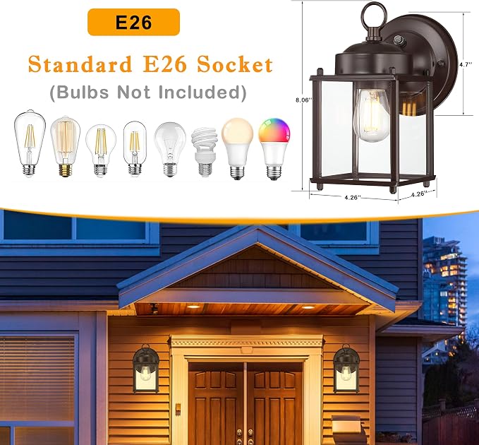 Outdoor Wall Light, Porch Lamp, Dusk to Dawn, Bronze | Exterior Wall Sconce Fixture for House, Garage, Patio, Rustproof Waterproof, Metal Housing with Glass, E26 Base, 2 Pack
