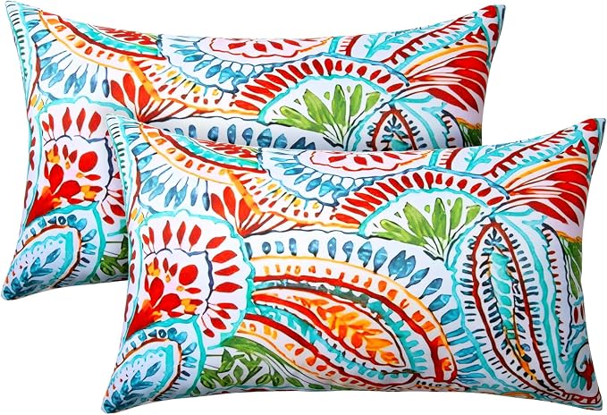 2 Pack Waterproof Outdoor Pillows, 12x20 Outdoor Lumbar Pillows | Patio Furniture Pillows, Decorative Throw Pillows, Waterproof &Fade Resistant, Removable & Washable, Paisley Multi Blue