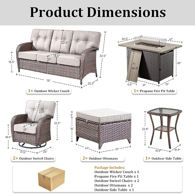 7 PCS Patio Furniture Set with Fire Pit Table, Outdoor Sectional Sofa Couch with Rocking Swivel Chairs 5" Deep Seat Chairs, Modern Wicker Rattan Conversation Set, Beige/Brown Wicker