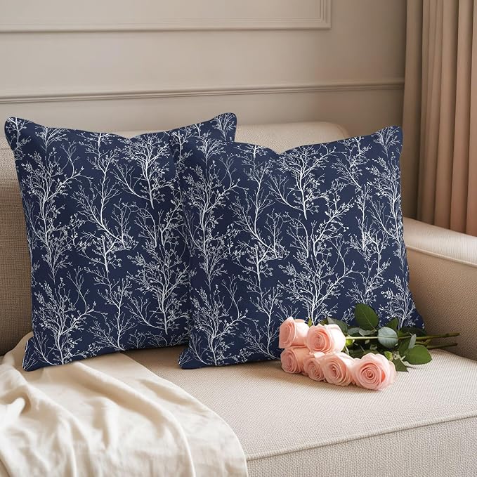 Navy Blue Branches Waterproof Outdoor Pillow Covers Set of 2 Home Decor, Abstract Art Leaves Plant Pillowcase Patio Pillow Covers for Couch Bench Patio Furniture Garden 26x26in