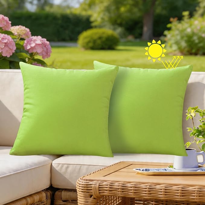 VAKADO Green Waterproof Outdoor Throw Pillow Covers 18x18 Set of 2 UV Fade | Soft polyester, hidden zipper. Fade resistant, patio porch garden furniture. Machine washable, all-season durability.