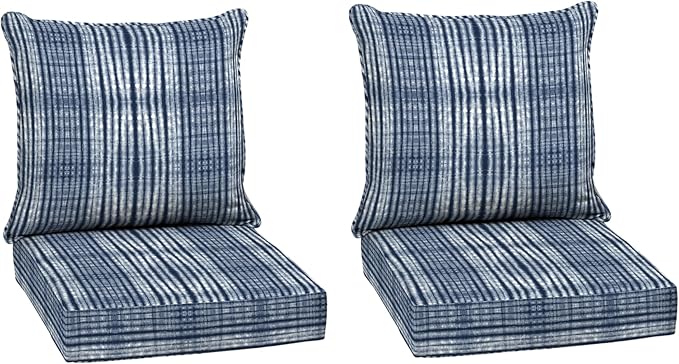 Arden Outdoor Deep Seat Cushion Set, 2-Pack, 24x24, Blue Shibori Stripe | Outdoor Sofa, Couch, Conversation Set, Weather-Proof, Rain-Proof, Fade Resistant for Chair, Mold and Mildew Resistant