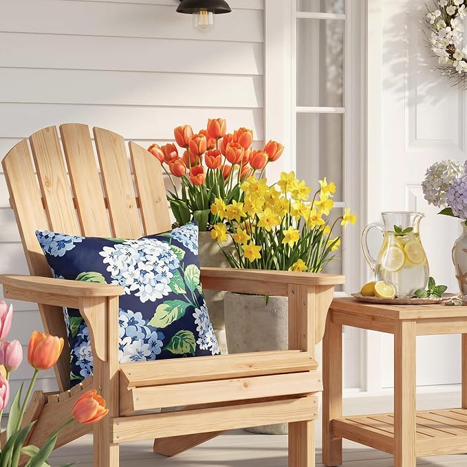 Blue Green Floral Outdoor Pillow Covers 18x18 Inch Set of 2 | Navy Blue Hydrangea Outdoor Pillow Covers, Spring Summer Farmhouse Waterproof Cushion Case for Couch Sofa Garden Patio