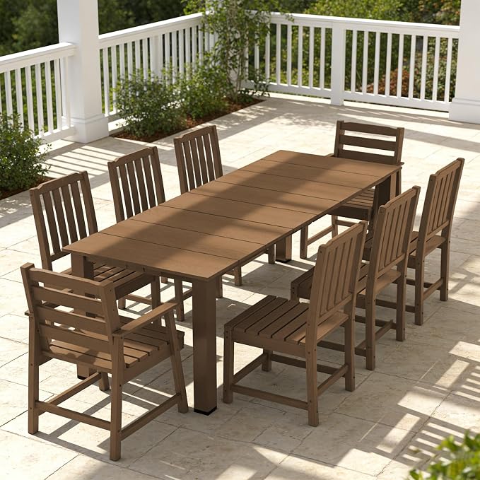 Ayge 9-Piece Outdoor Dining Set – HDPE Patio Furniture for 8 with 2" Hole Cut-Out Table & 8 Chairs, Perfect for Pool, Patio, Garden, Brown