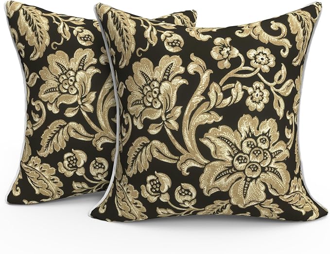 Outdoor Throw Pillows Inners, Fade Resistant Patio Furniture Square Pillows with Piping Set of 2 for Patio Furniture, 18x18 Inch, Jacobean Black
