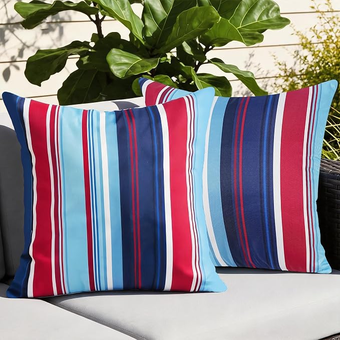 Pyonic 4th of July Outdoor Pillow Covers 18x18 inch Waterproof Red Blue White Striped Outdoor Pillows for Patio Furniture Garden
