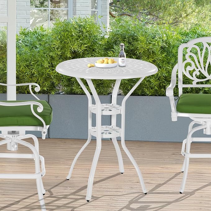 Outdoor Cast Aluminum Bar Table, 31" Patio Bar Height Table with 2" Umbrella Hole, All Weather High Top Bistro Round Dining Table for Outside Deck Porch Balcony Poolside, White